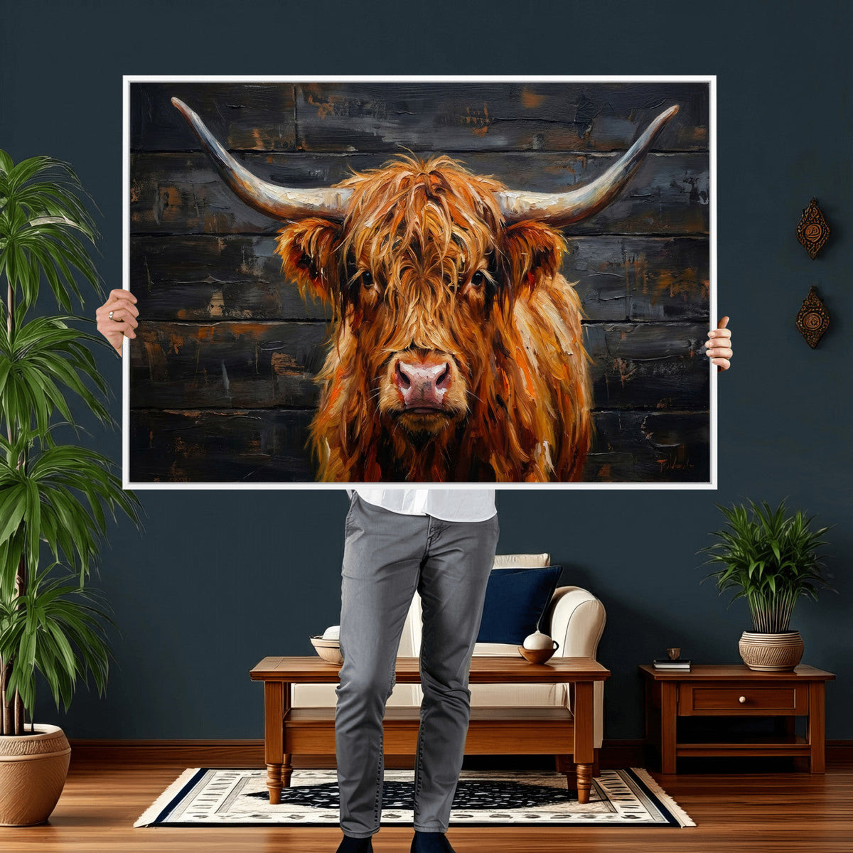 Highland Cow Wall Art Canvas Print, Rustic Farm Animal