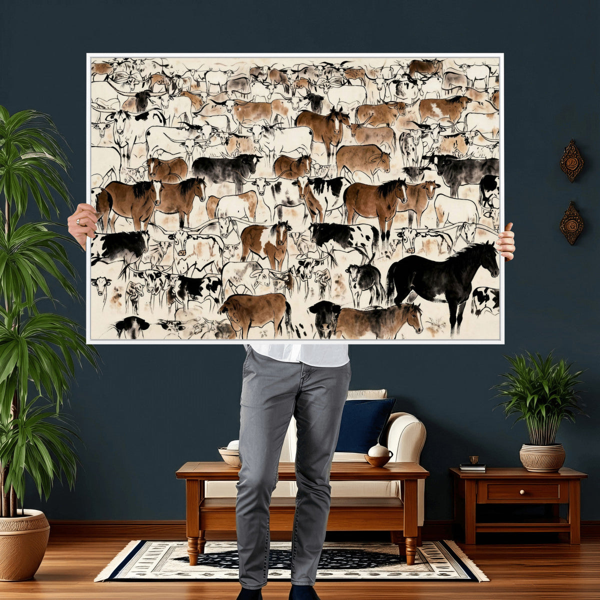 Farmhouse Animals Horse Longhorn Cow Wall Art Canvas Print -