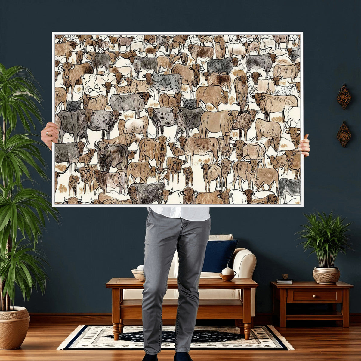Abstract Longhorn Wall Art Canvas Print - Cow Animal Drawing