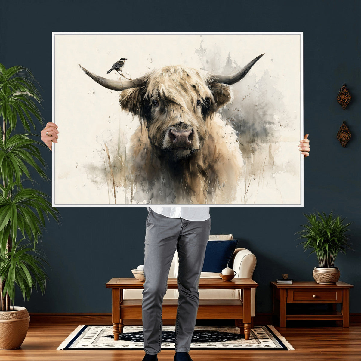 Abstract Highland Cow Wall Art Canvas Print, Rustic Farm