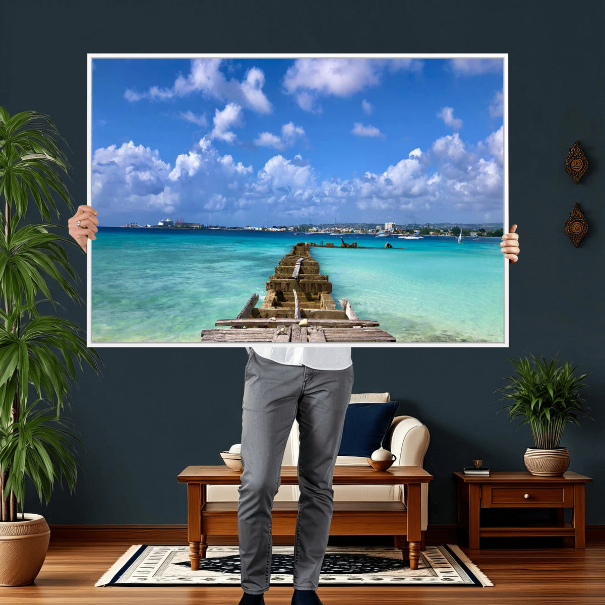 Caribbean Ocean Pier Seascape Wall Art Canvas Print,