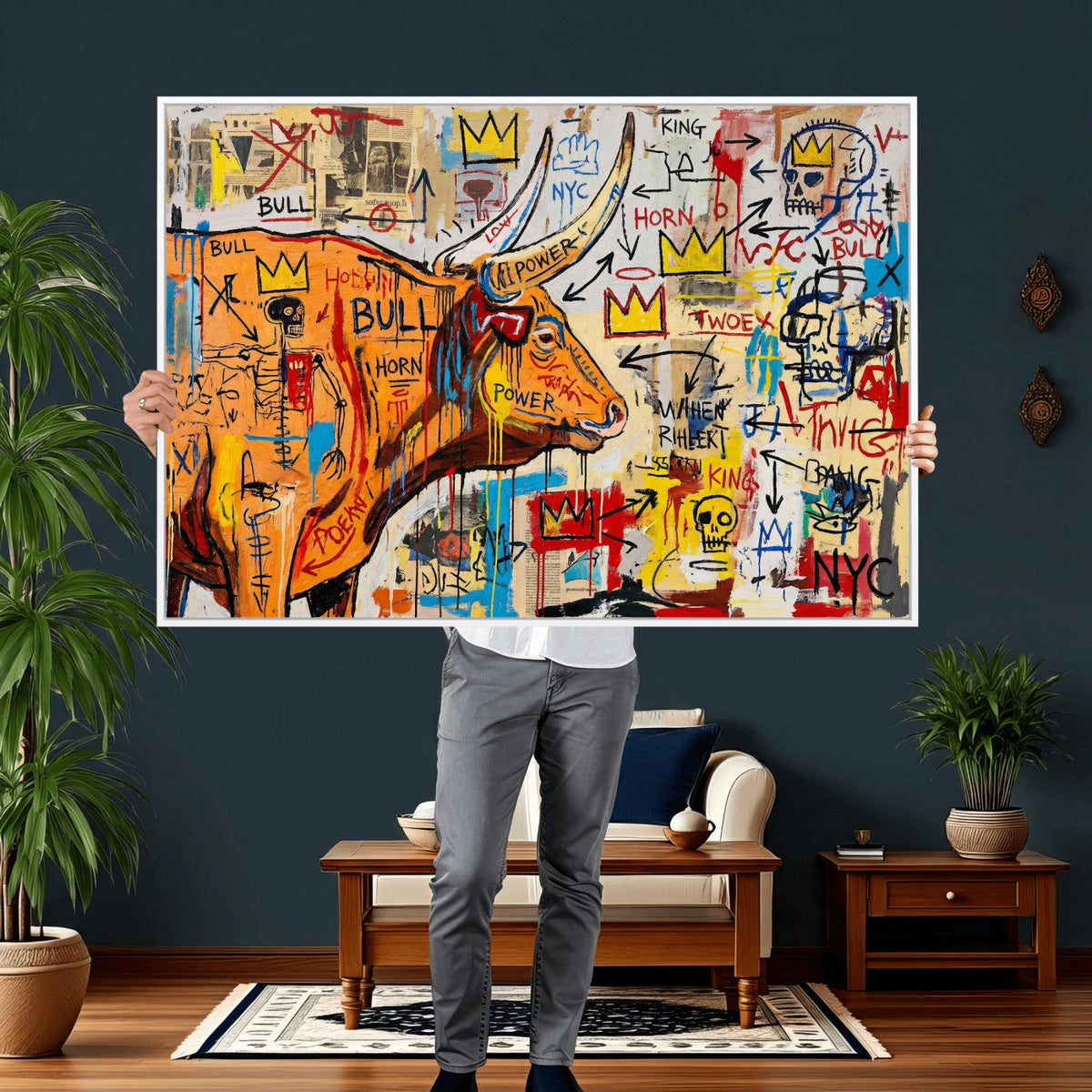 Basquiat Style Bull Graffiti Wall Art Canvas Print, Street