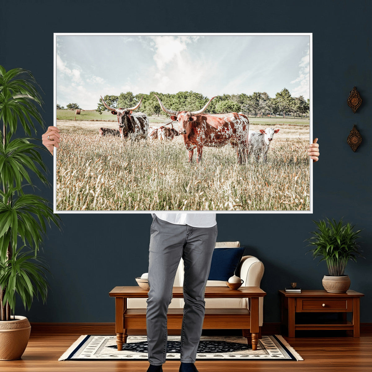 Texas Longhorn Cattle Wall Art Canvas Print, Rustic Ranch