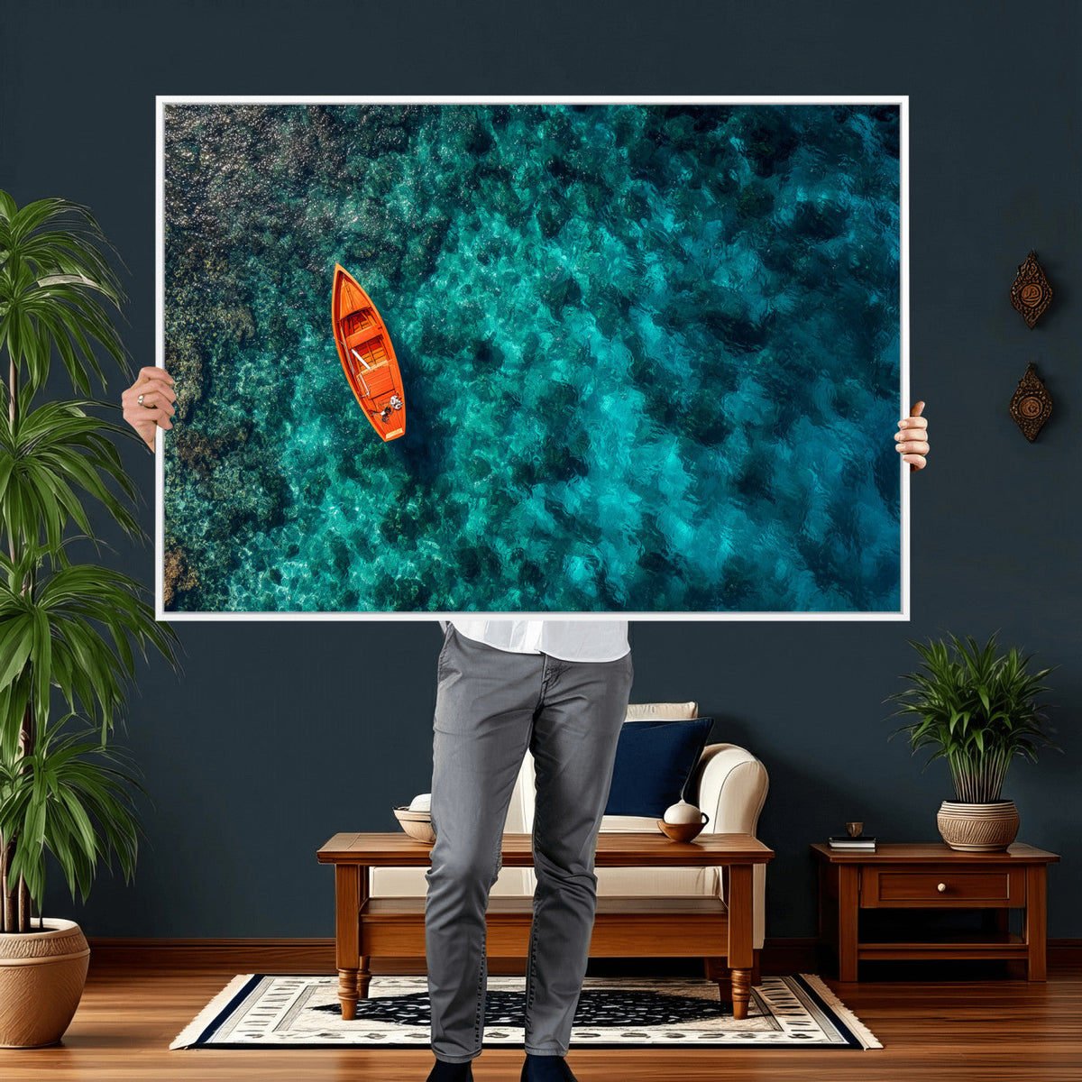 Turquoise Ocean Boat Wall Art Canvas Print