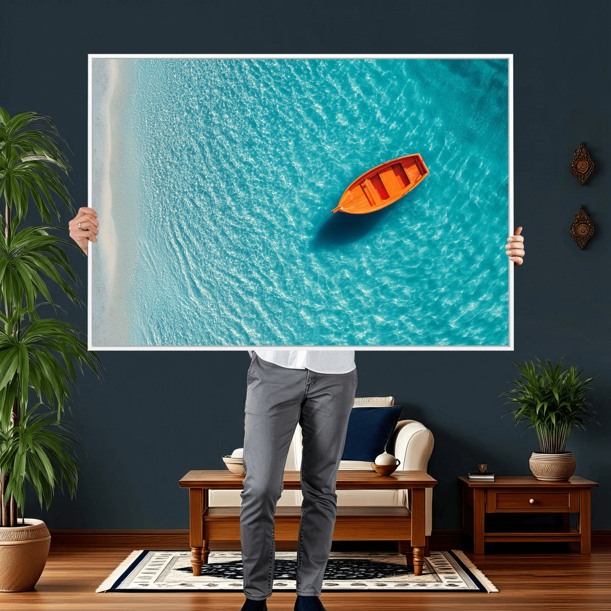 Minimalist Boat Wall Art Canvas Print, Aerial Sea Landscape