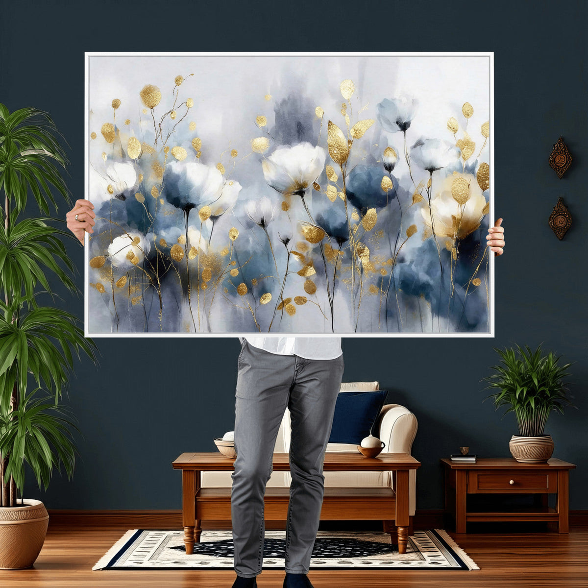 Large Abstract Flowers Wall Art Canvas Print – Gold and Blue