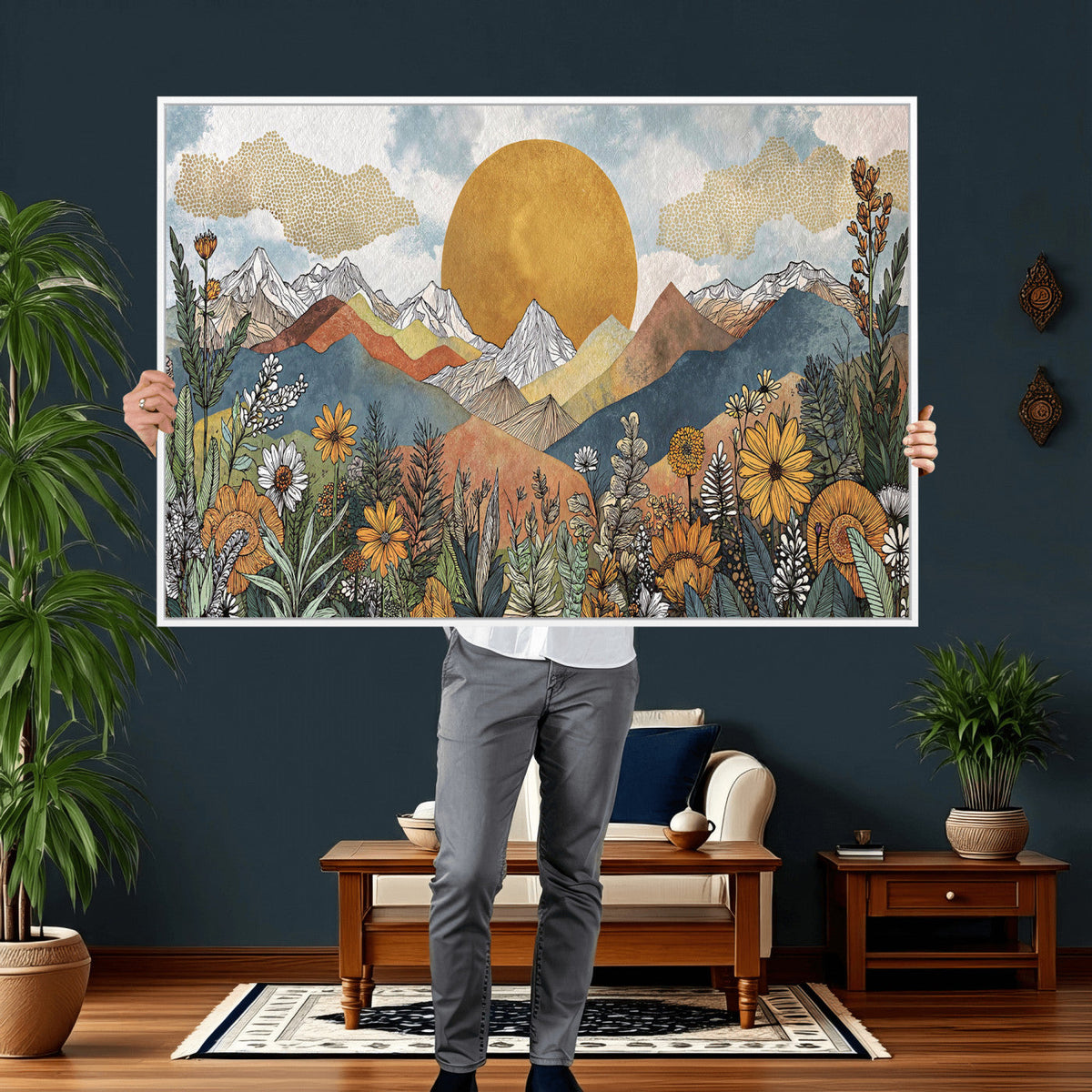 Boho Mountain Landscape Large Wall Art, Horizontal Gold
