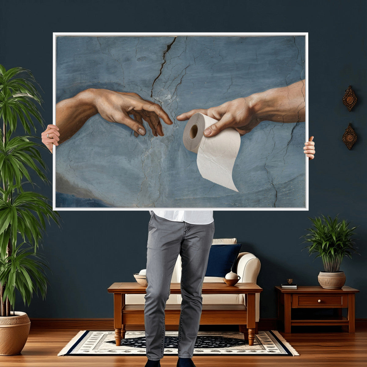 Funny Bathroom Canvas Wall Art, Michelangelo Creation of