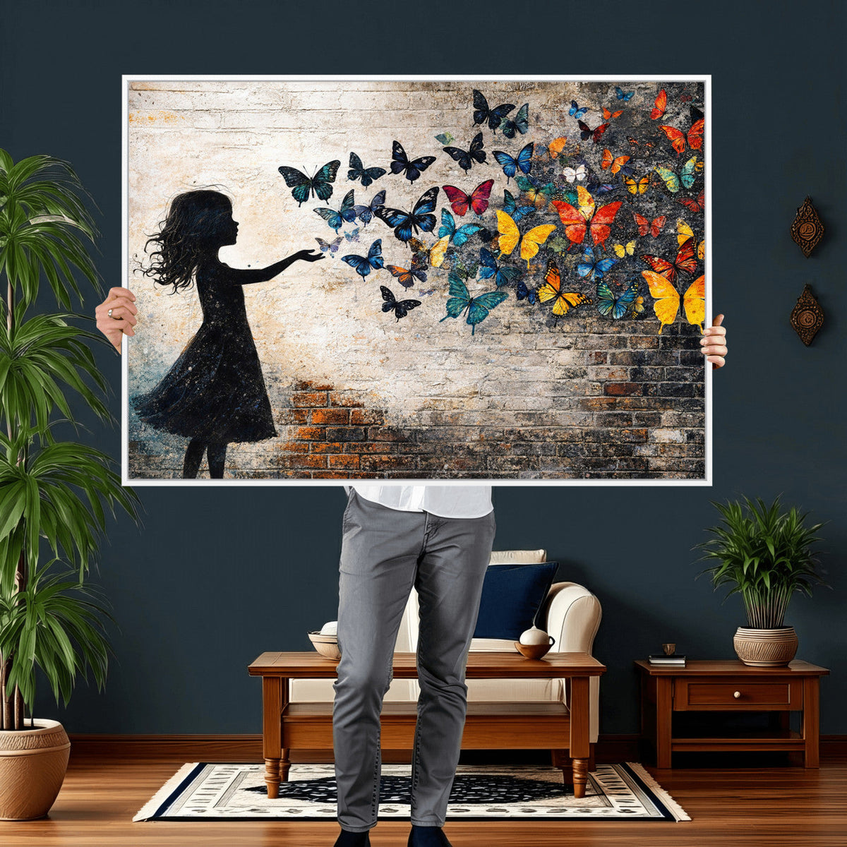 Banksy Butterfly Girl Wall Art Canvas Print, Framed Street