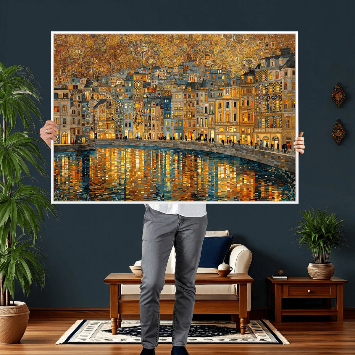 Gustav Klimt Golden Cityscape Wall Art Canvas Print, Framed