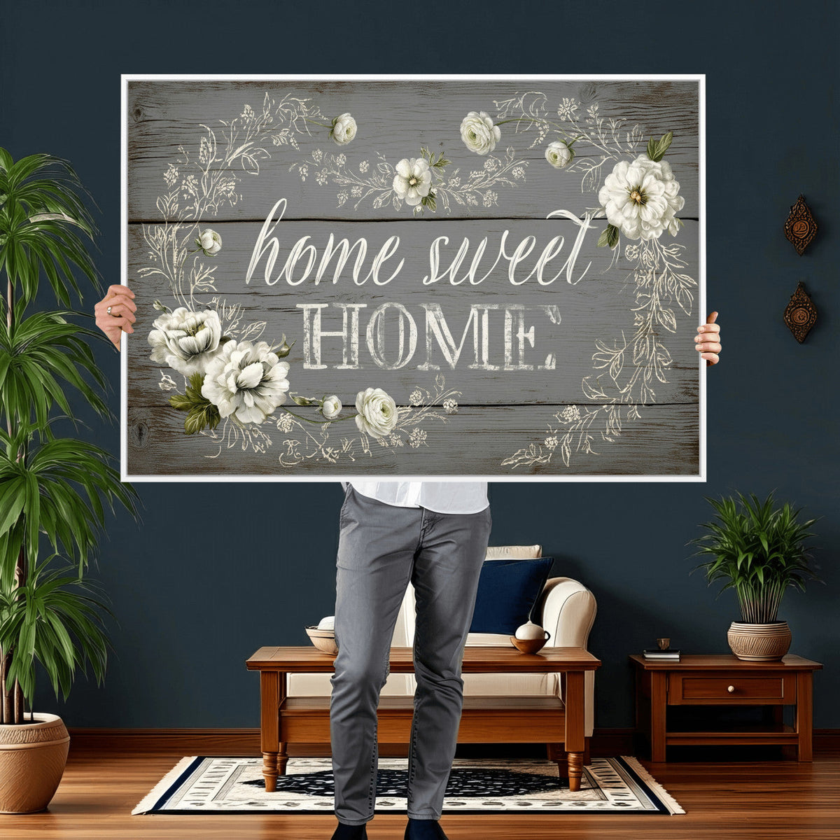 Home Sweet Home Wall Art Canvas Print, Floral Farmhouse