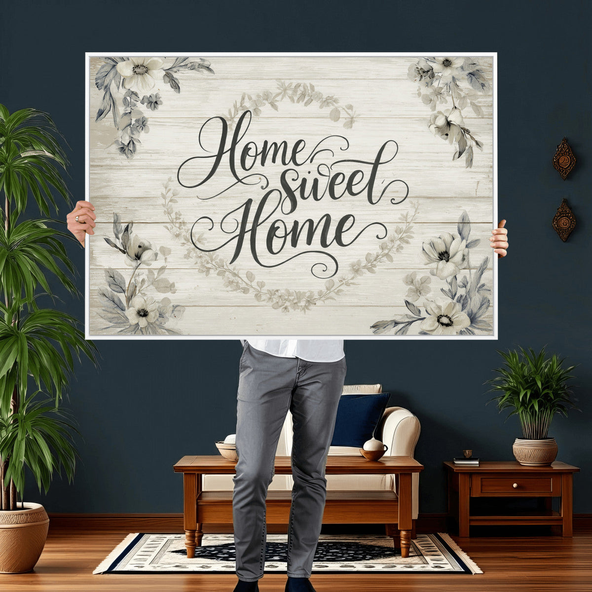 Home Sweet Home Wall Art Canvas Print, Floral Farmhouse
