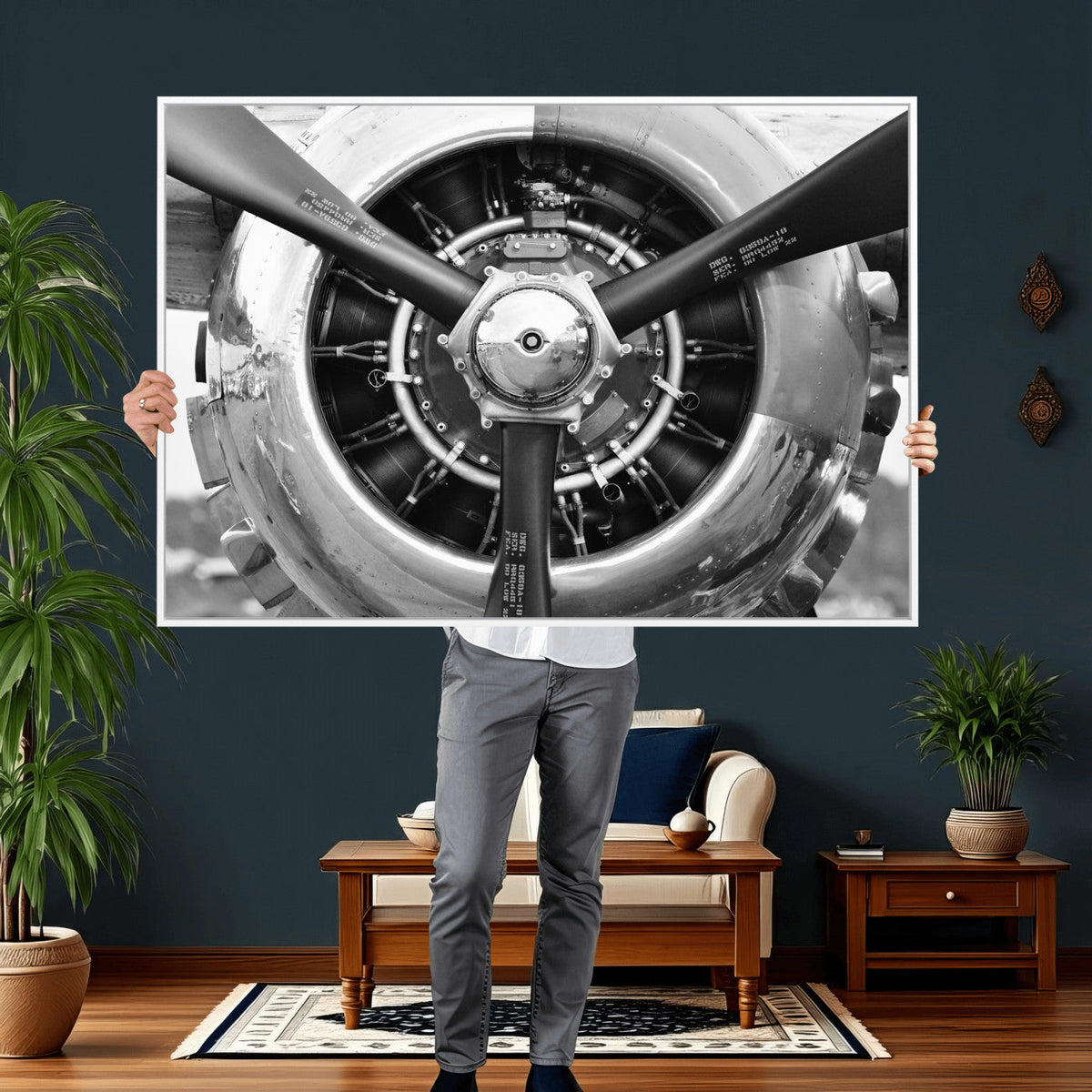 Vintage Propeller Plane Wall Art Canvas Print, Black and