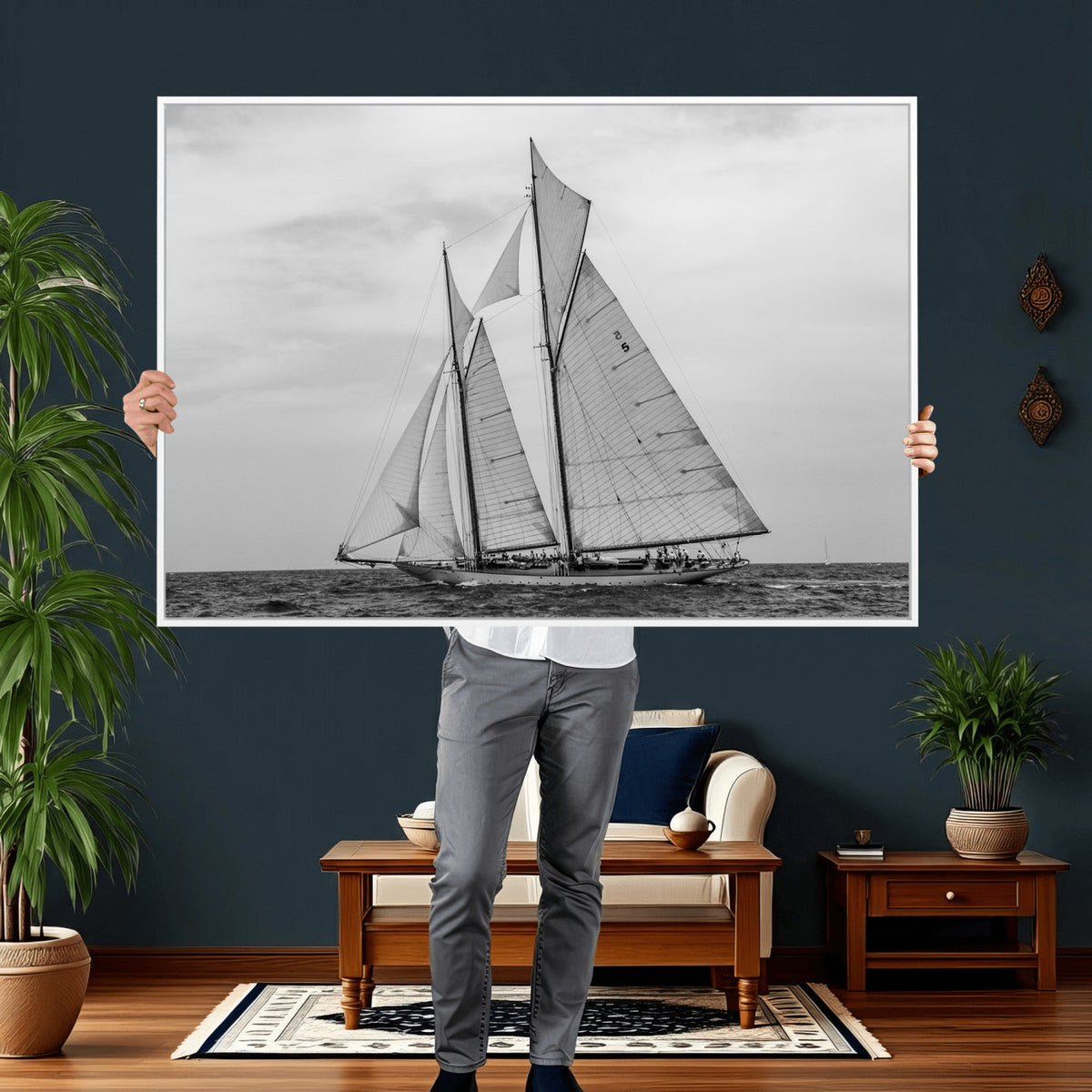 Vintage Sailboat Wall Art Canvas Print, Black and White