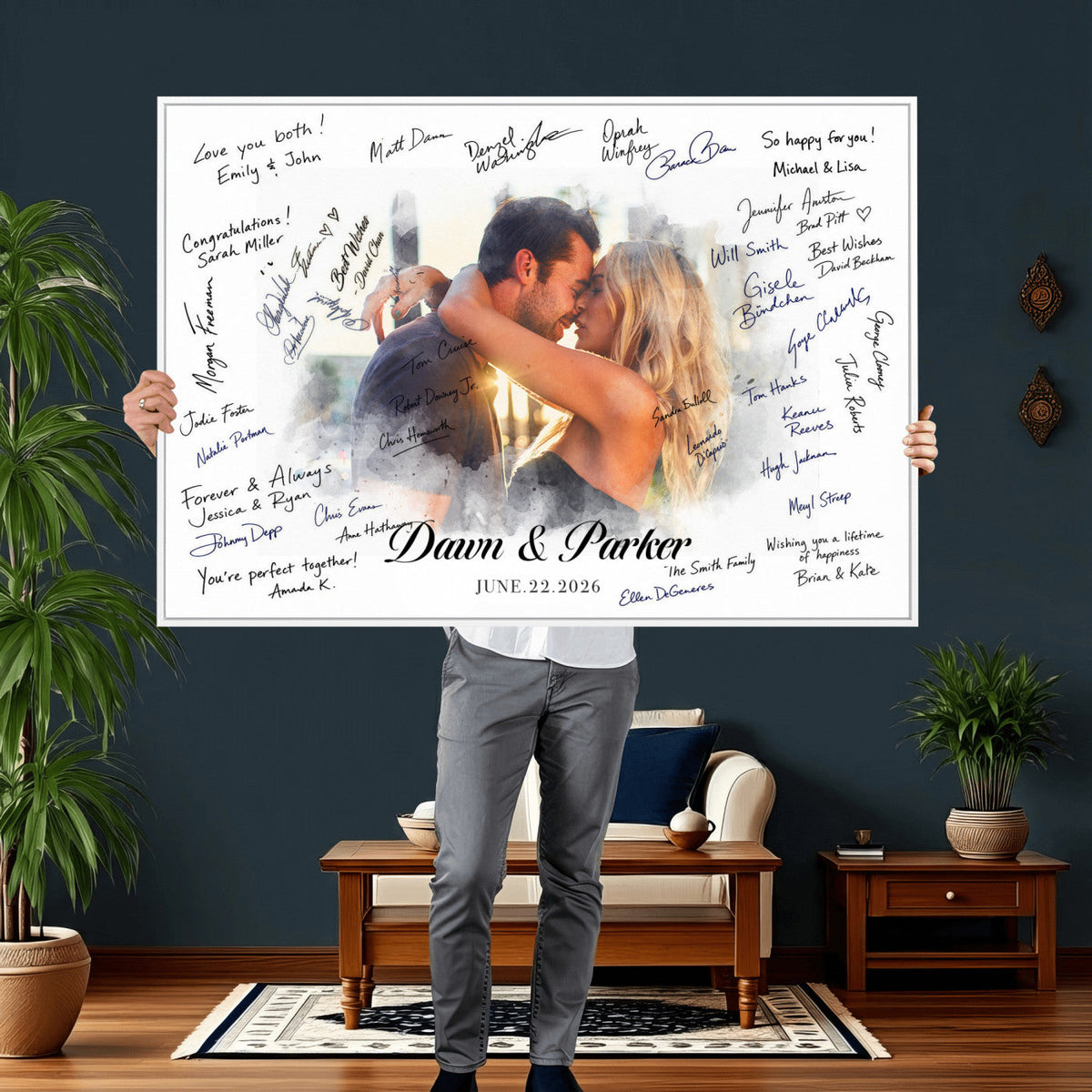 Wedding Guest Book Alternative Wall Art Canvas Print, Personalized Wedding Signature Poster, Custom Couple Photo Guestbook Canvas, Bridal Shower Reception Decor