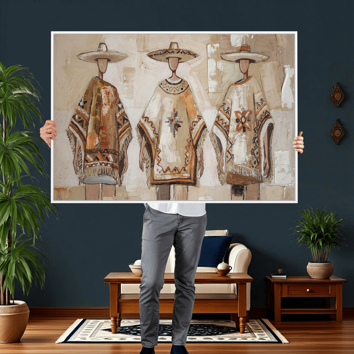Mexican Folk Art Canvas Wall Art, Charro Poncho Sombrero Painting Print, Neutral Beige Boho Decor, Southwestern Impasto Style, Living Room Art