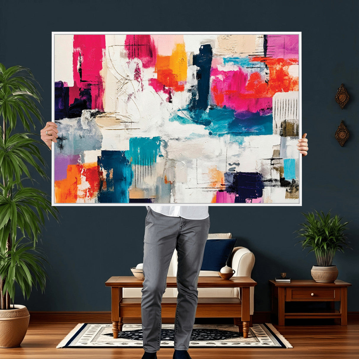Blue Teal Abstract Canvas Wall Art, Modern Textured Painting Print, Navy Orange White Contemporary Art, Neutral Living Room Decor, Office Art