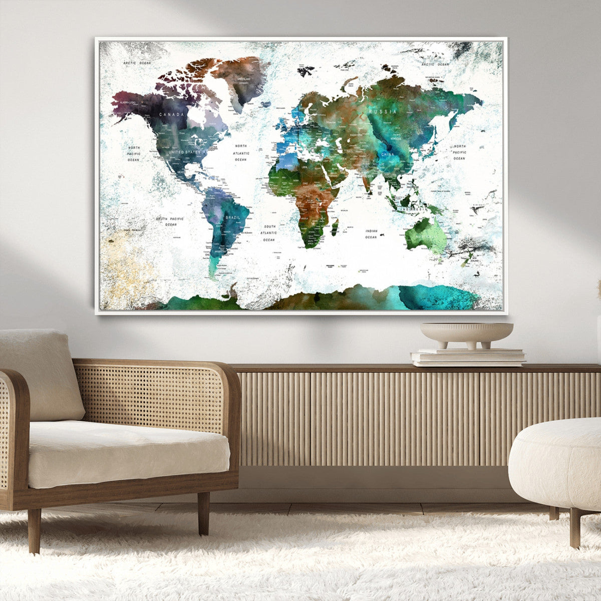 Modern Watercolor World Map Canvas Wall Art – Framed