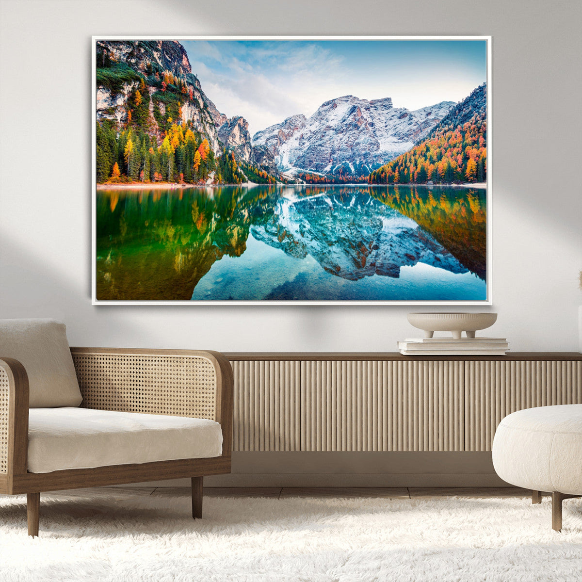 Spectacular autumn view of Braies Lake Wall Art Canvas Print