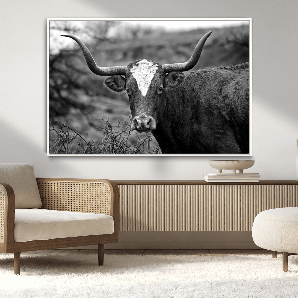 Western Home Wall Art Canvas Print, Framed Texas Longhorn