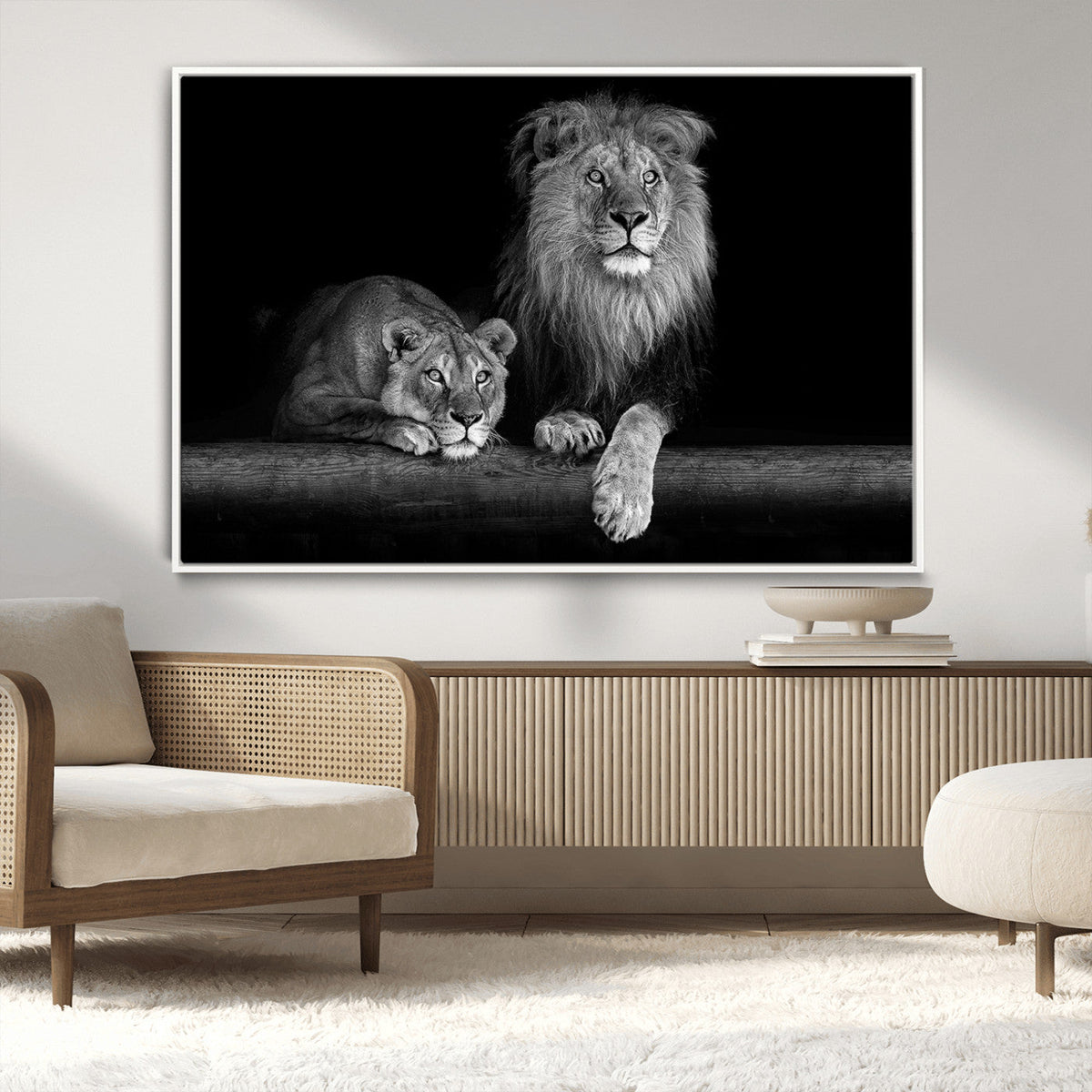 Large Black and White Lion Couple Wall Art Canvas Print –