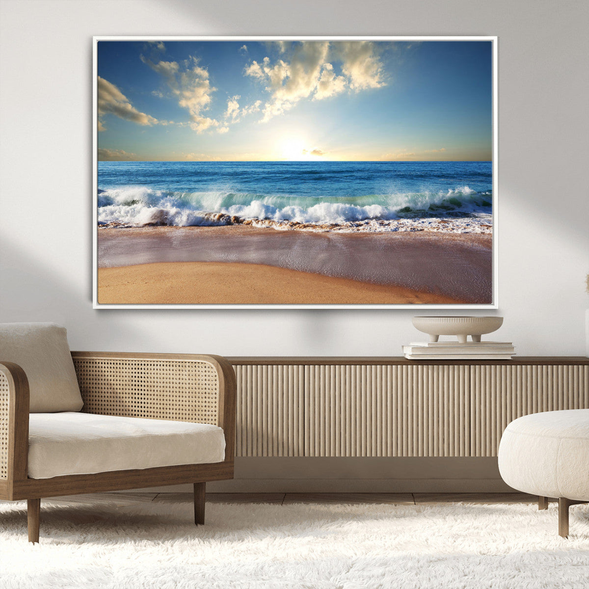 Serene Ocean Sunset Canvas Wall Art - Beach Waves at Sunset,