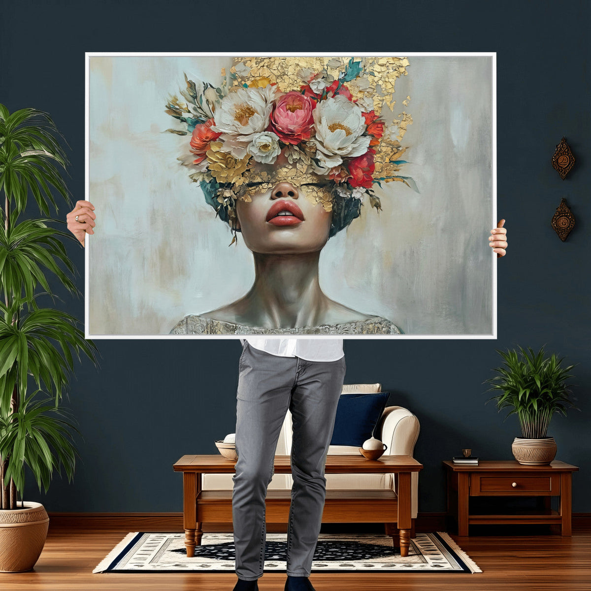 Golden Petal Wall Art Canvas Print - Silhouette Woman Wall