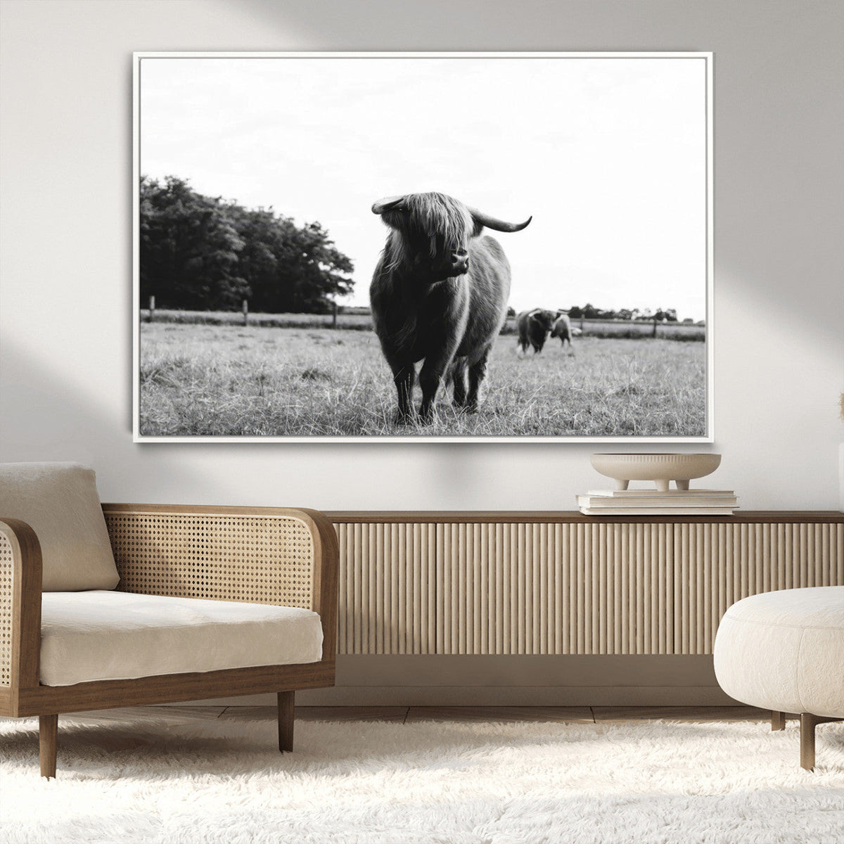 Black and White Highland Cow Wall Art Canvas Print | Rustic