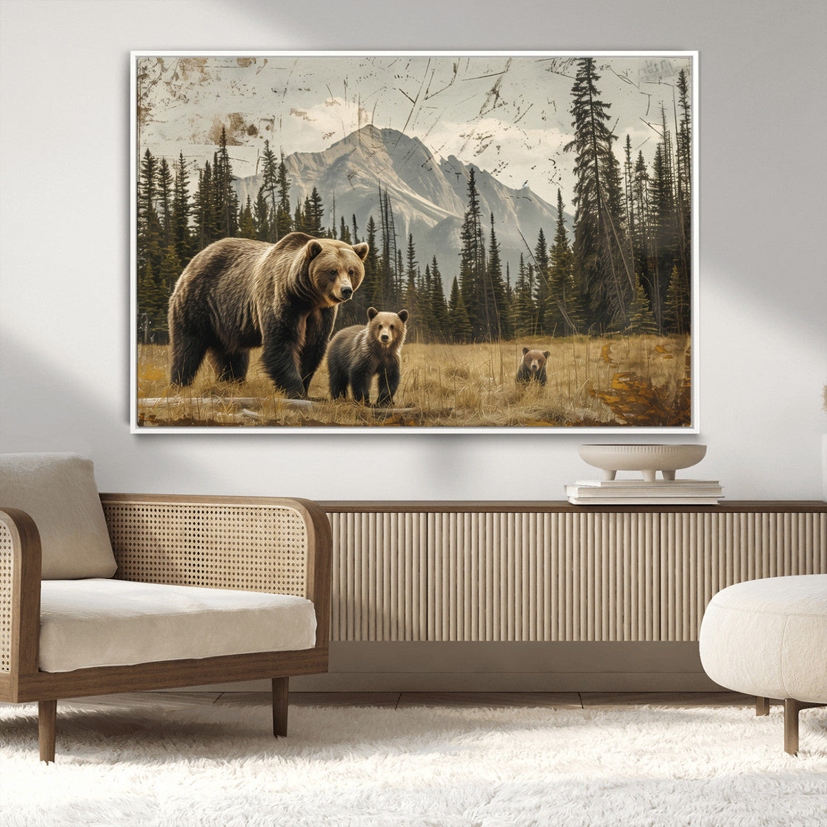 Rustic Grizzly 399 Bear Family Wall Art Canvas Print
