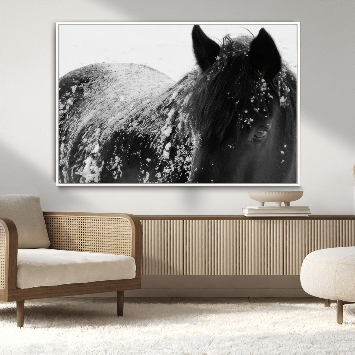 Black Horse in Snow Canvas Print | Winter Horse Wall Art |