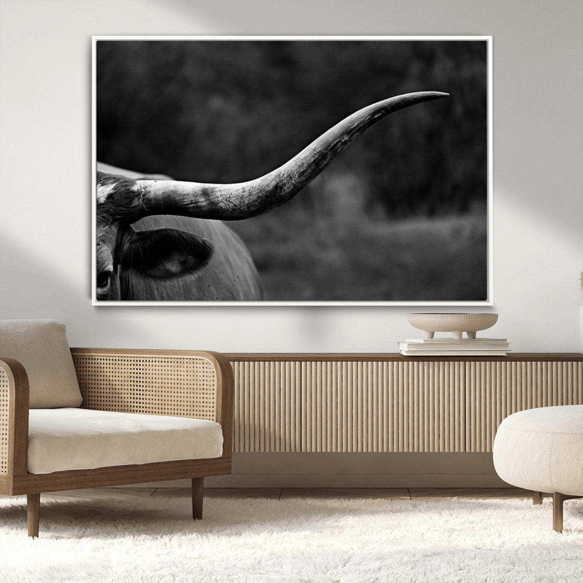 Cow Longhorn Wall Art | Black and White Print | Ready to