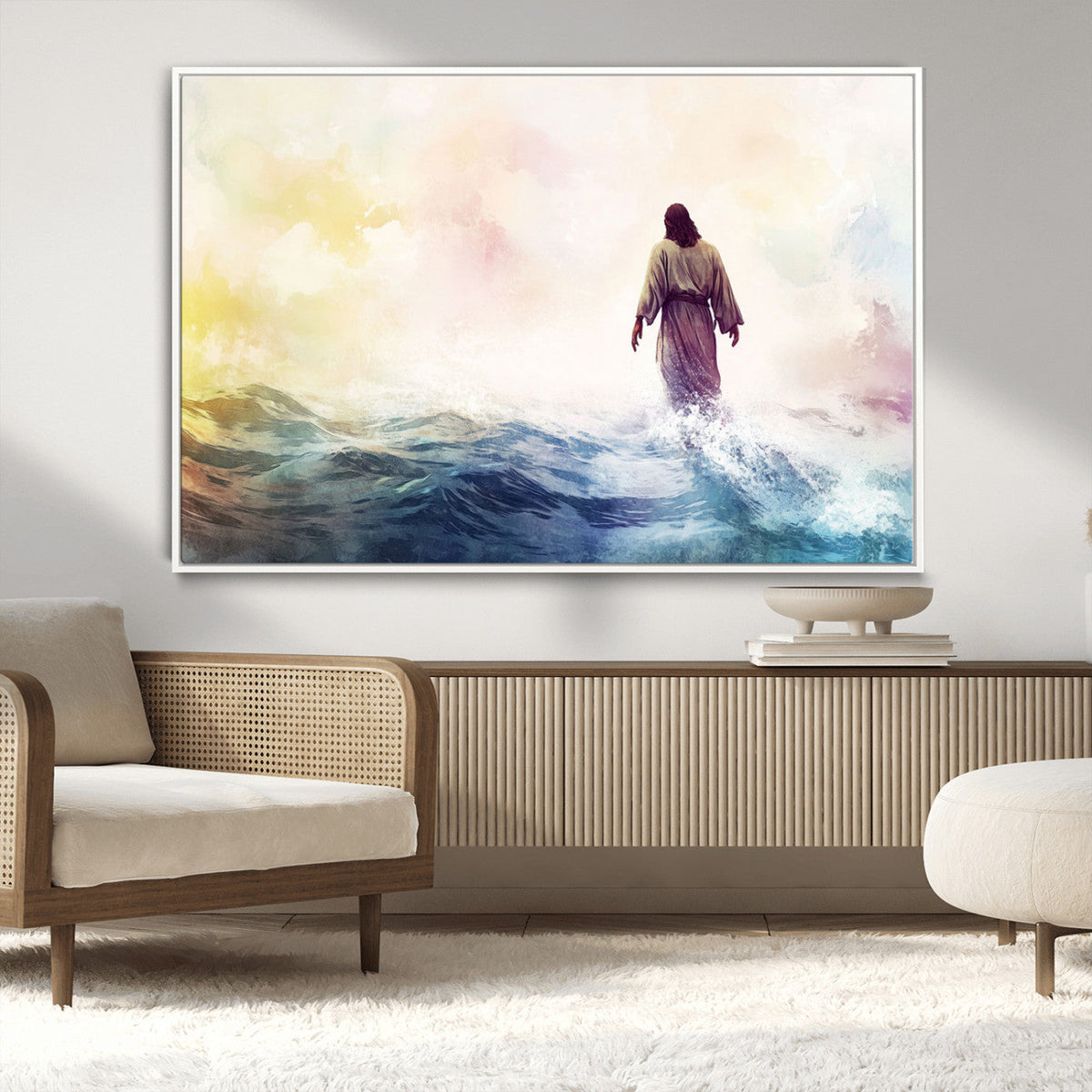 Watercolor Jesus Walking on Water Canvas Print, Christian