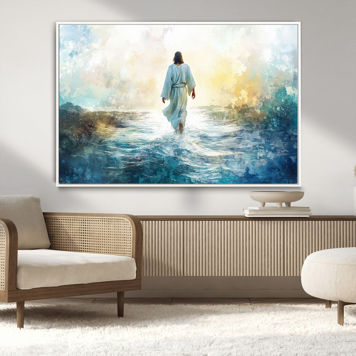 Watercolor Jesus Walking on Water Canvas Print, Christian
