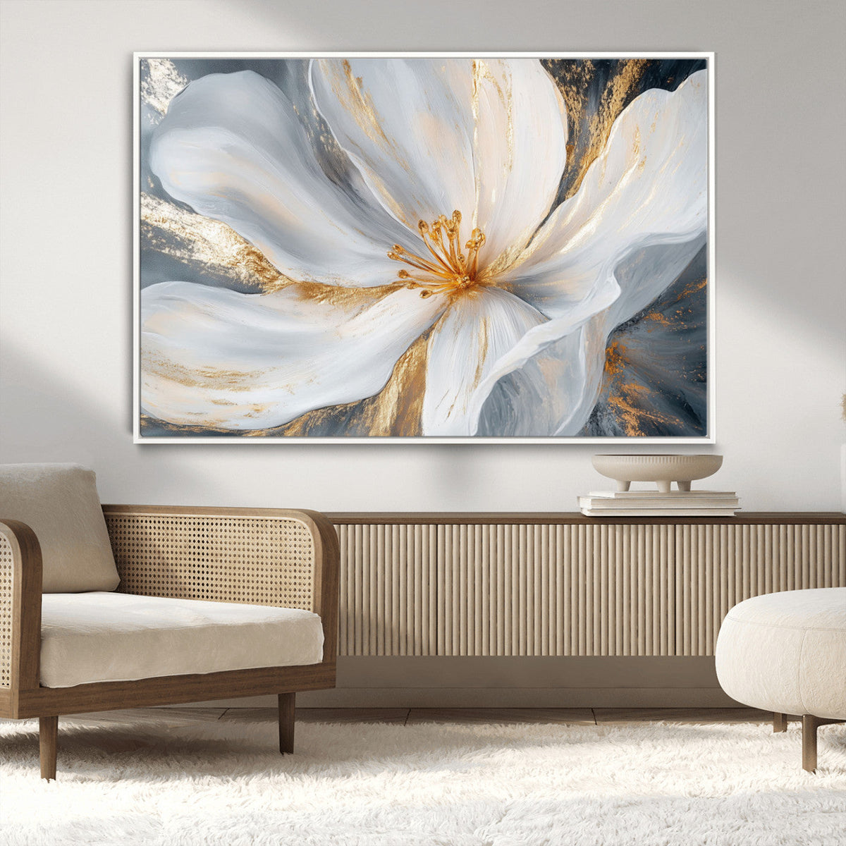 White and Gold Floral Canvas Wall Art - Framed and Ready to