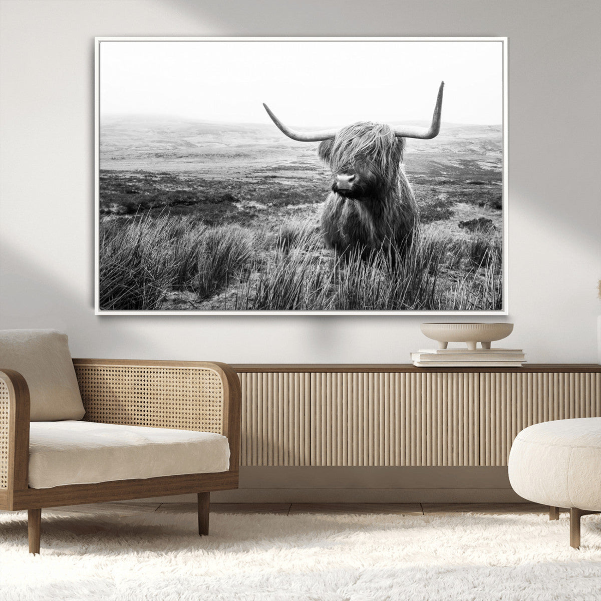 Scottish Highland Cow Wall Art | Black and White Canvas