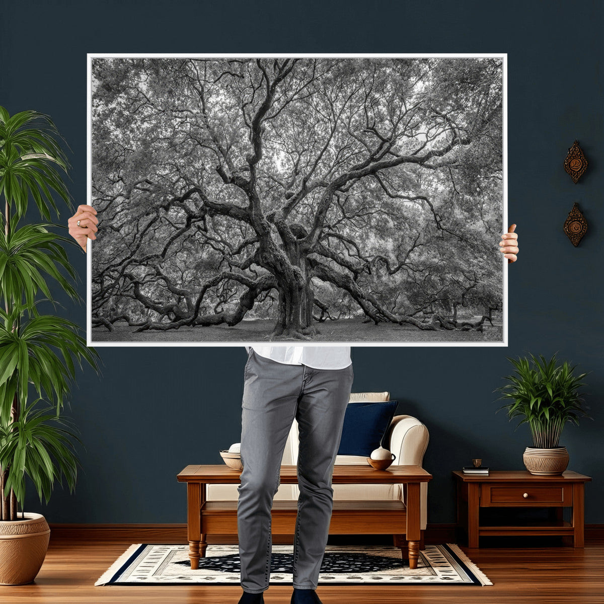 Majestic Angel Oak Tree Black and White Canvas Print – Multi