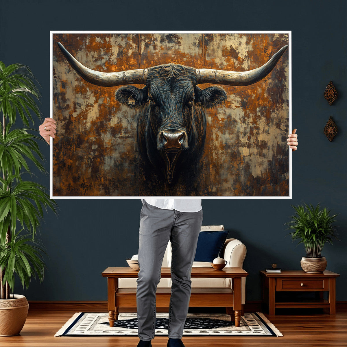 Longhorn Texas Cow Bull Wall Art | Rustic Farmhouse Canvas