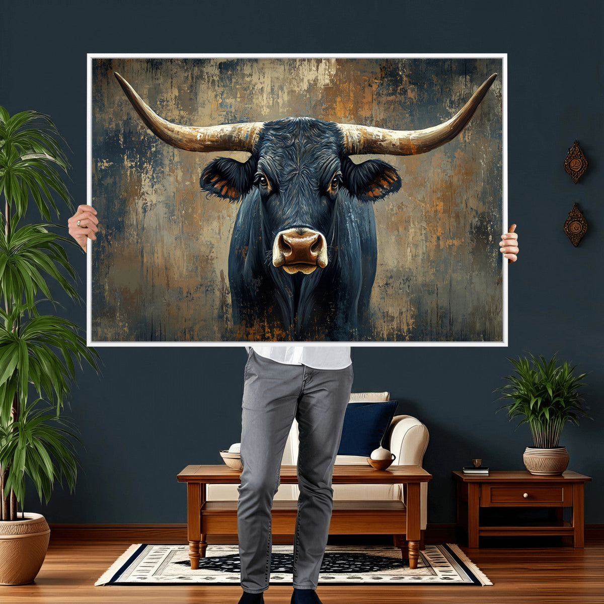 Texas Western Wall Art Canvas Print - Abstract Cow Longhorn