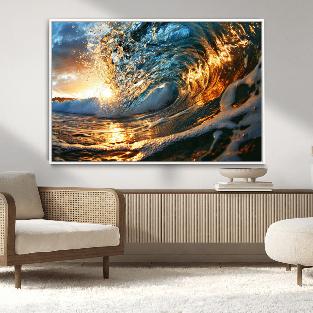 Ocean Wave at Sunset Canvas Wall Art – Vibrant Coastal Beach