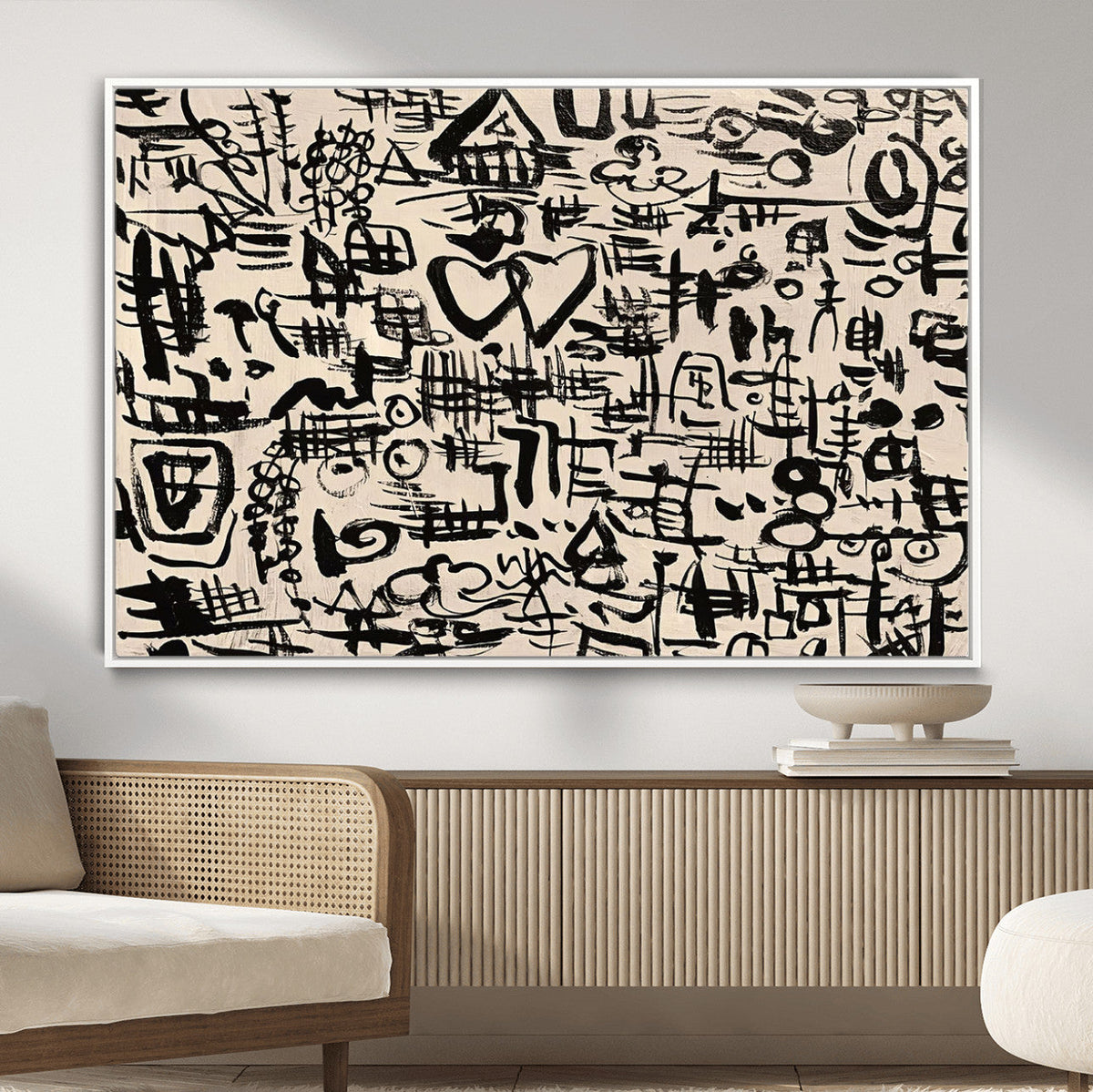 Abstract Love and Chaos Canvas Print, Black Symbols on Beige