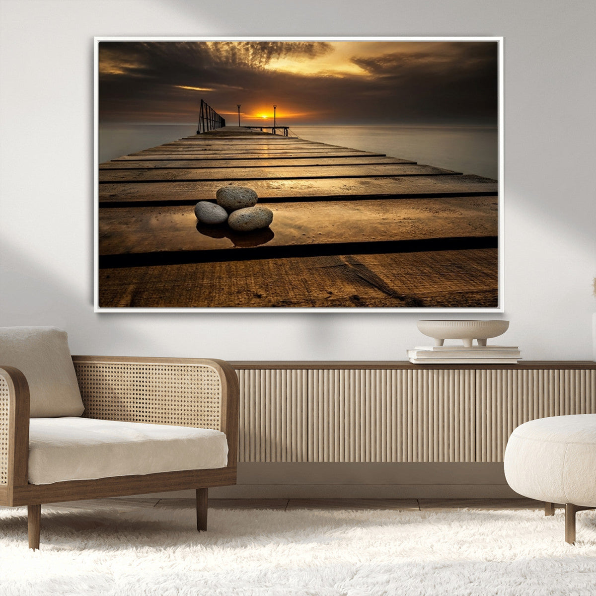 Stones on Wooden Pier at Sunset Canvas Print, Serene Coastal