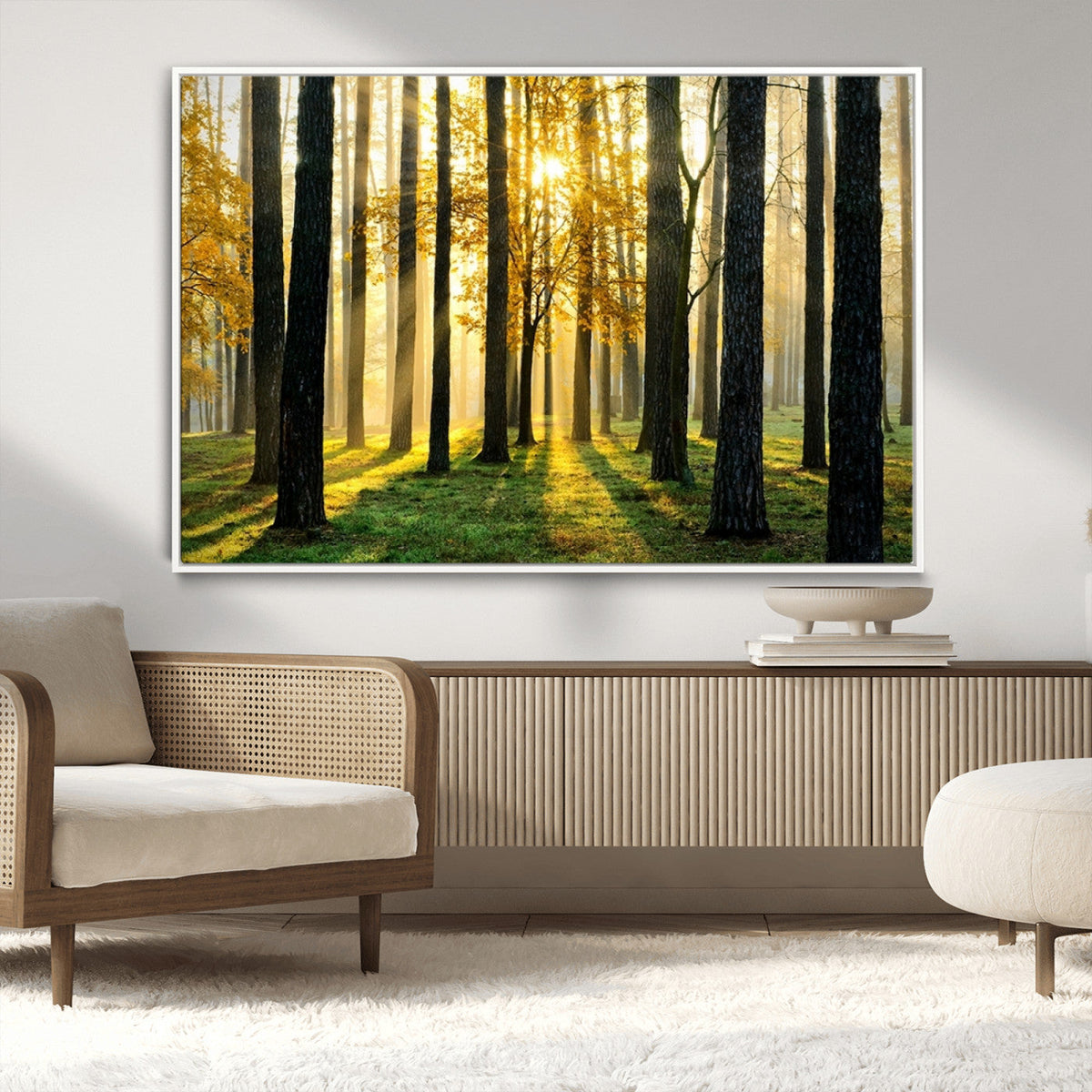 Sunlit Forest Wall Art Canvas Print – Large Framed Woodland