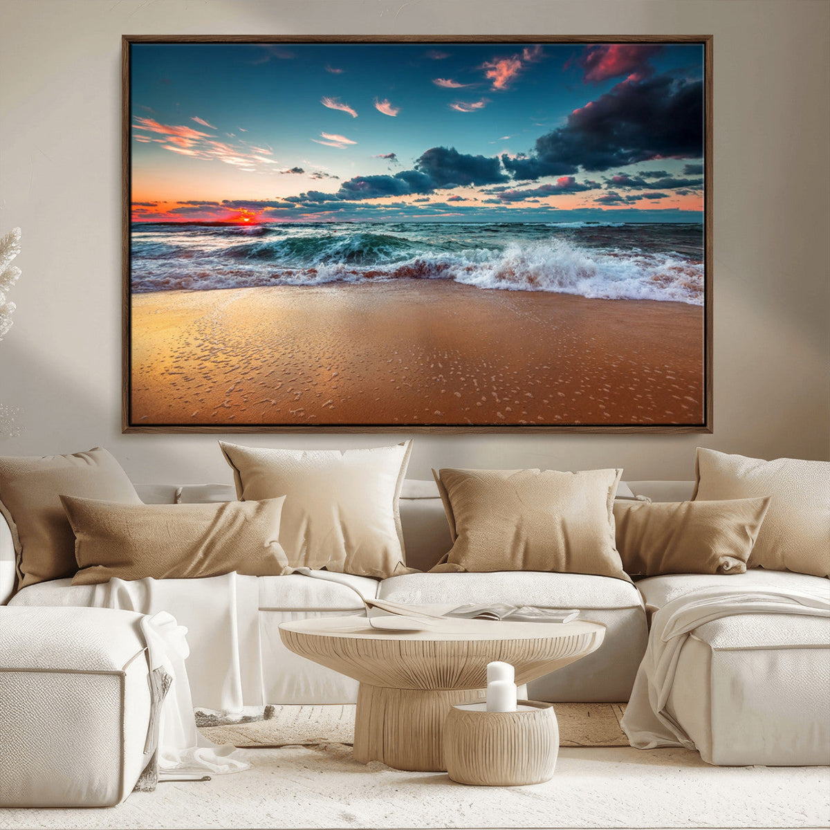 Sunset on Beach Wall Art Ocean Beach Canvas Print