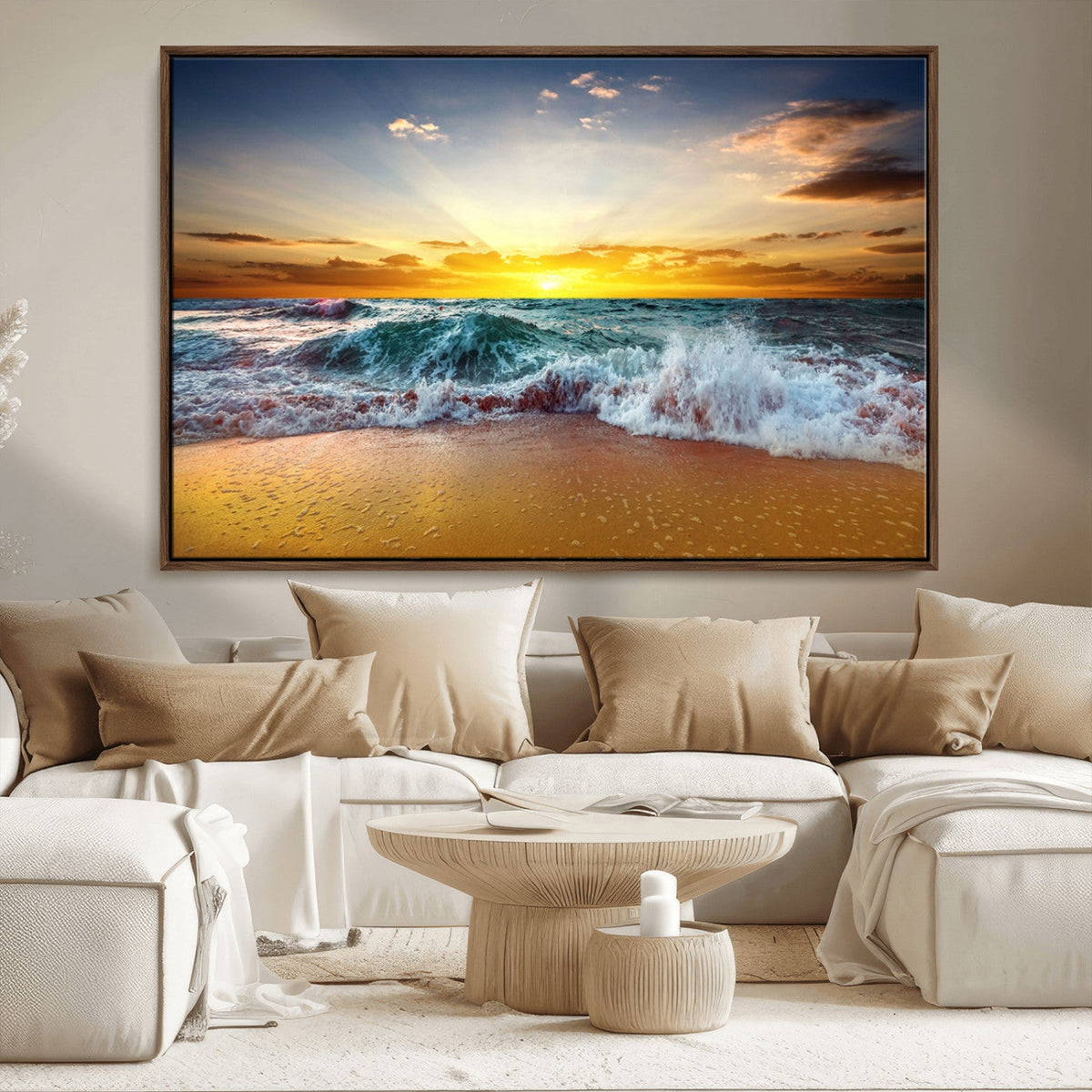 Golden Sunset Ocean Waves Wall Art Canvas Print – Multi
