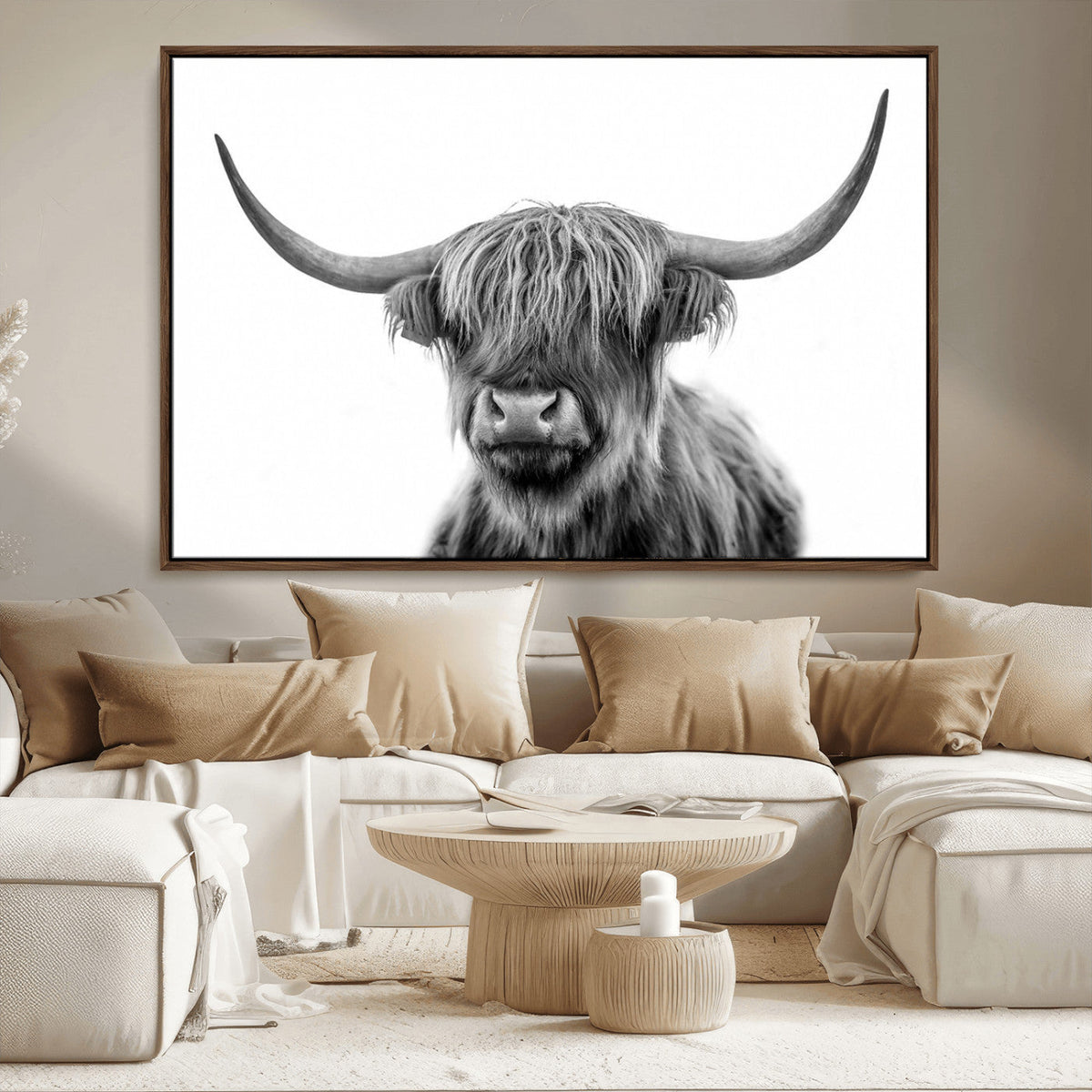 Grayscale Scottish Highland Cow Cattle Art Print Farmhouse