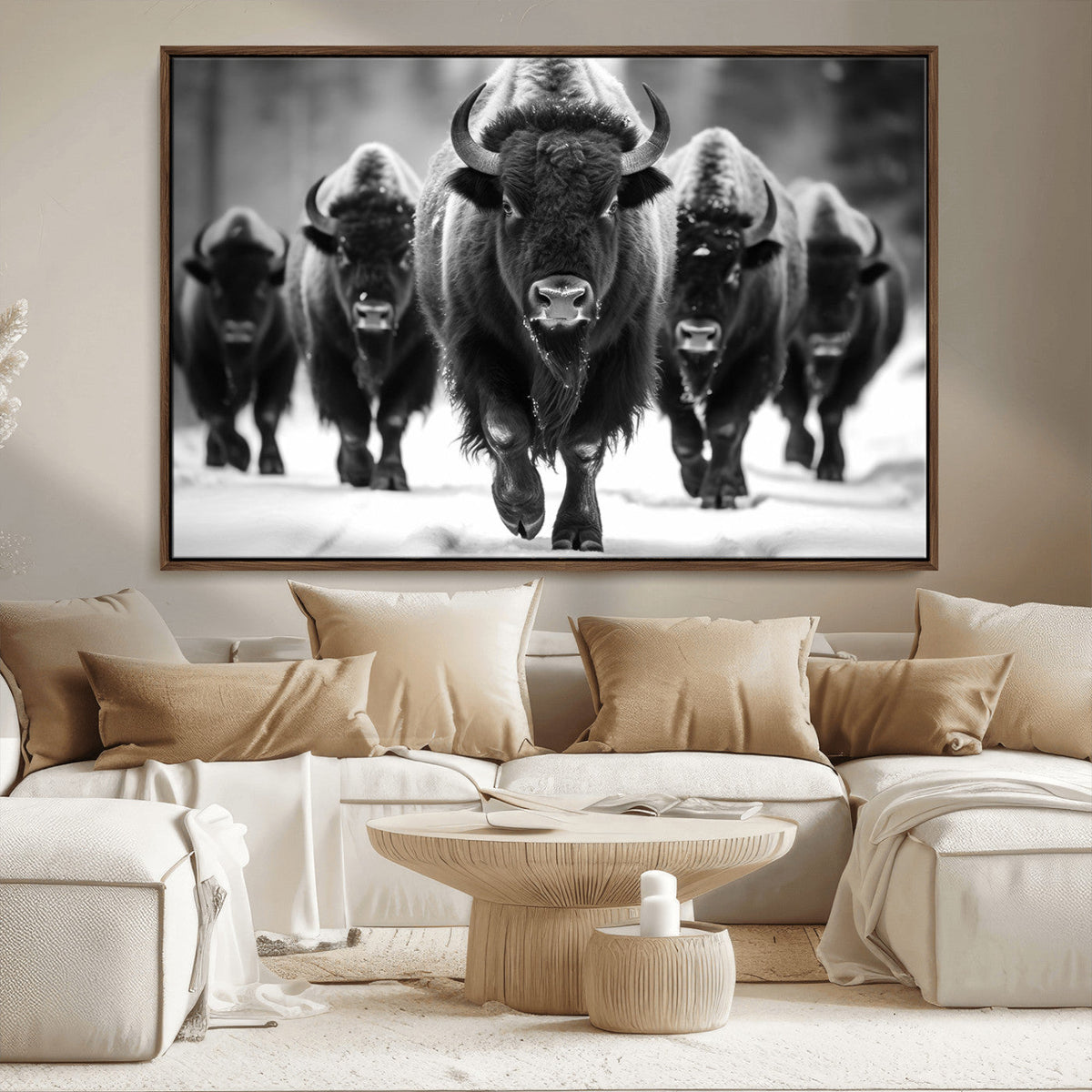 American Bison Art | Buffalo Herd Wall Art Canvas Print, BW