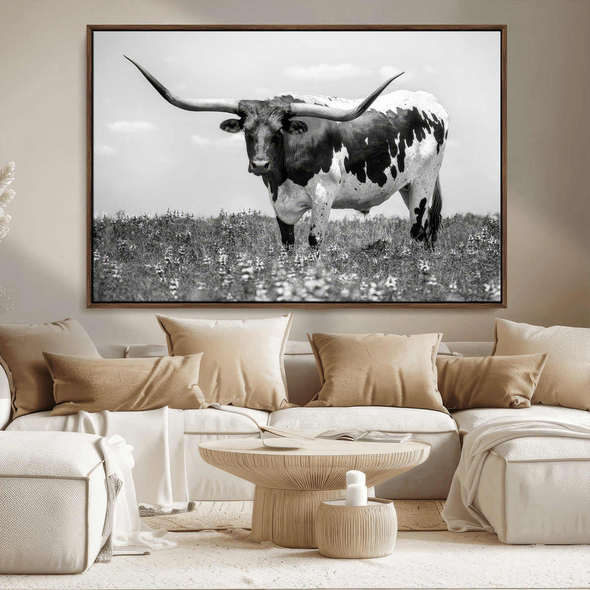 Texas Black White Highland Longhorn Cow Wall Art Canvas