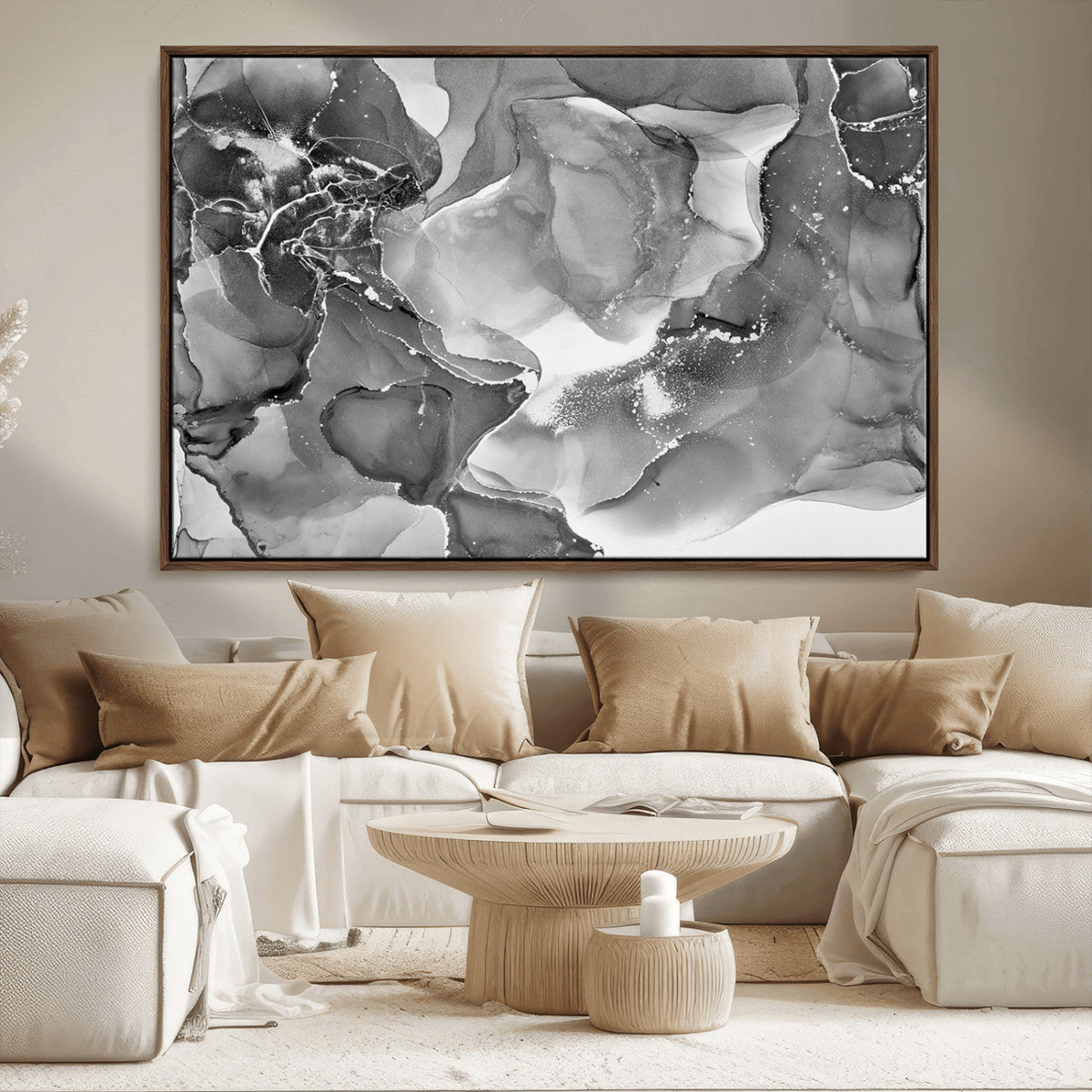 Black White Abstract Canvas Wall Art - Fluid Ink Artwork -