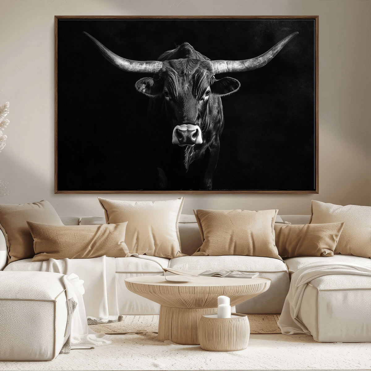 Texas Longhorn Wall Art Canvas Print – Framed Monochrome