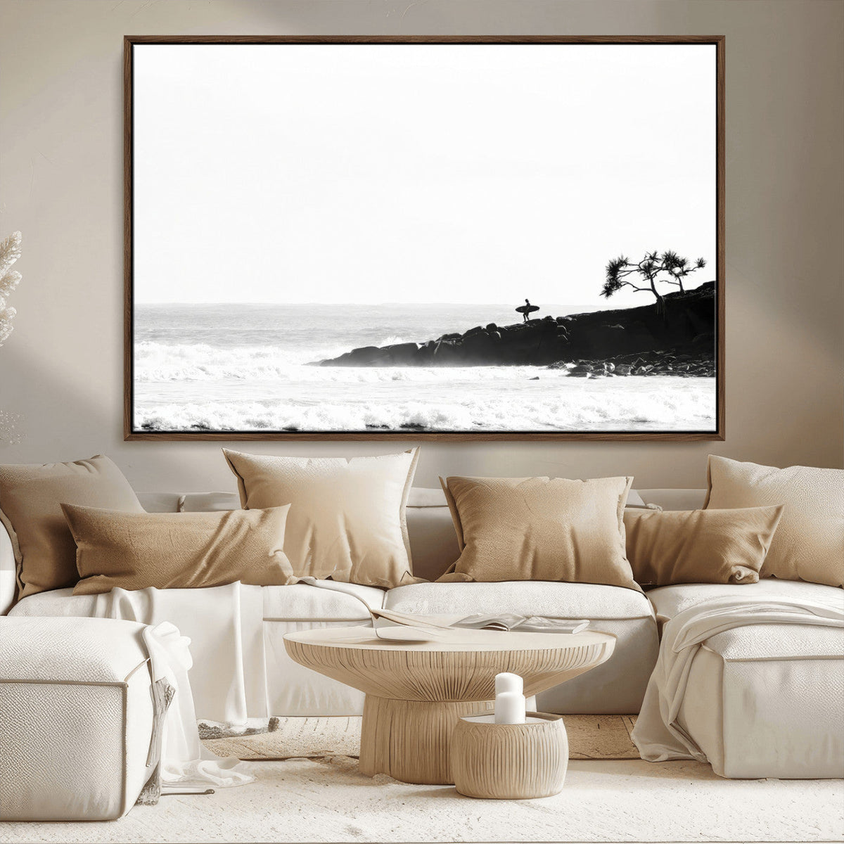 Surfer Cliffs Wall Art Canvas Print – Framed Black White